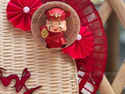 Vòng treo cửa Tết mẹt tre Chúc Mừng Năm Mới cành lựu quạt Đỏ [Vòng nhẹ] N50cm VTC-T-46